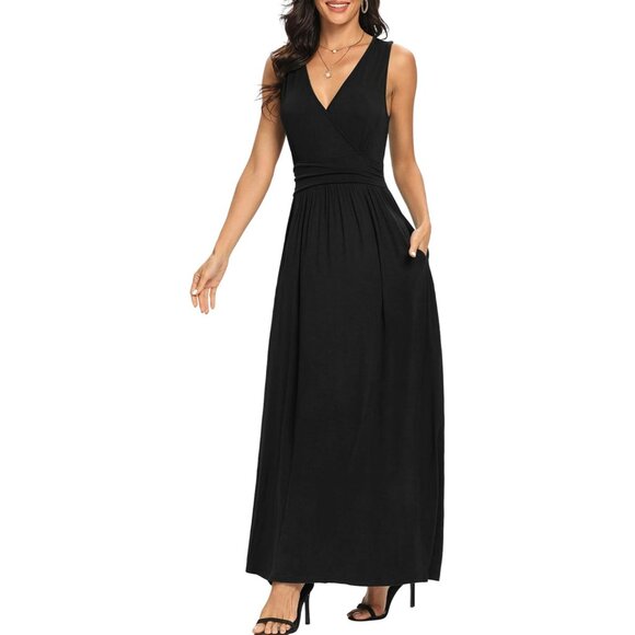 Women Black Deep V Neck Sleeveless Loose Plain Long Maxi Stretchy Casual Dress - Picture 2 of 6